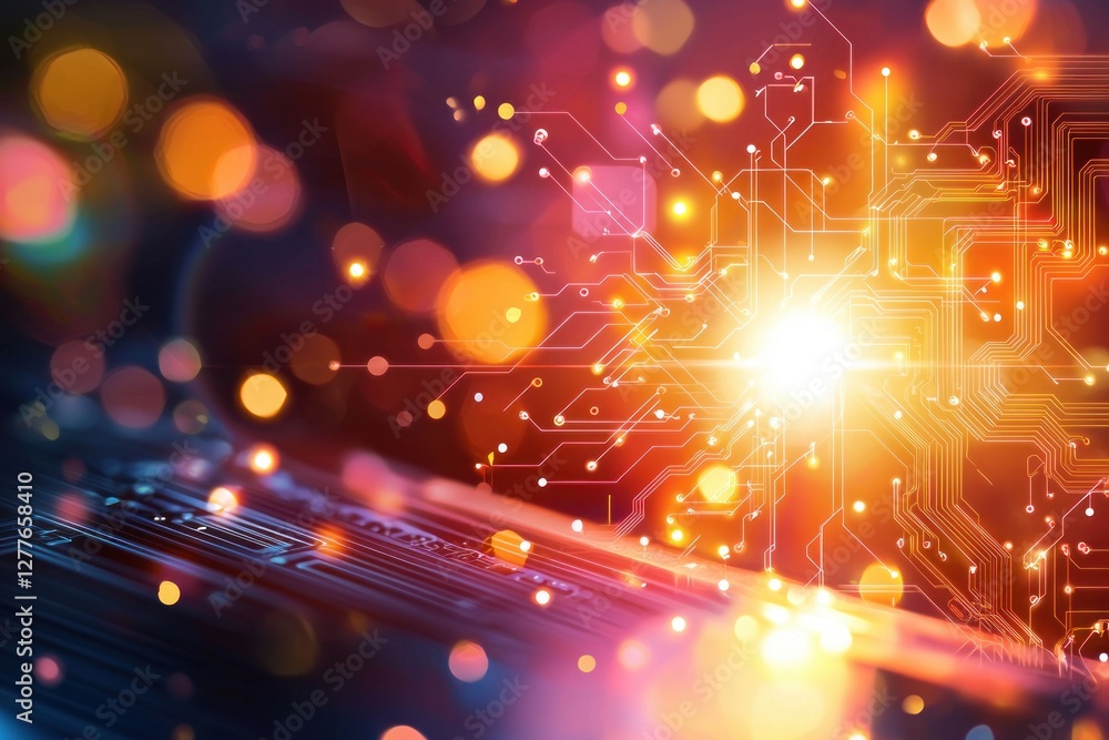 Poster futuristic circuit board with glowing connections and bokeh lights emphasizing innovation and techno