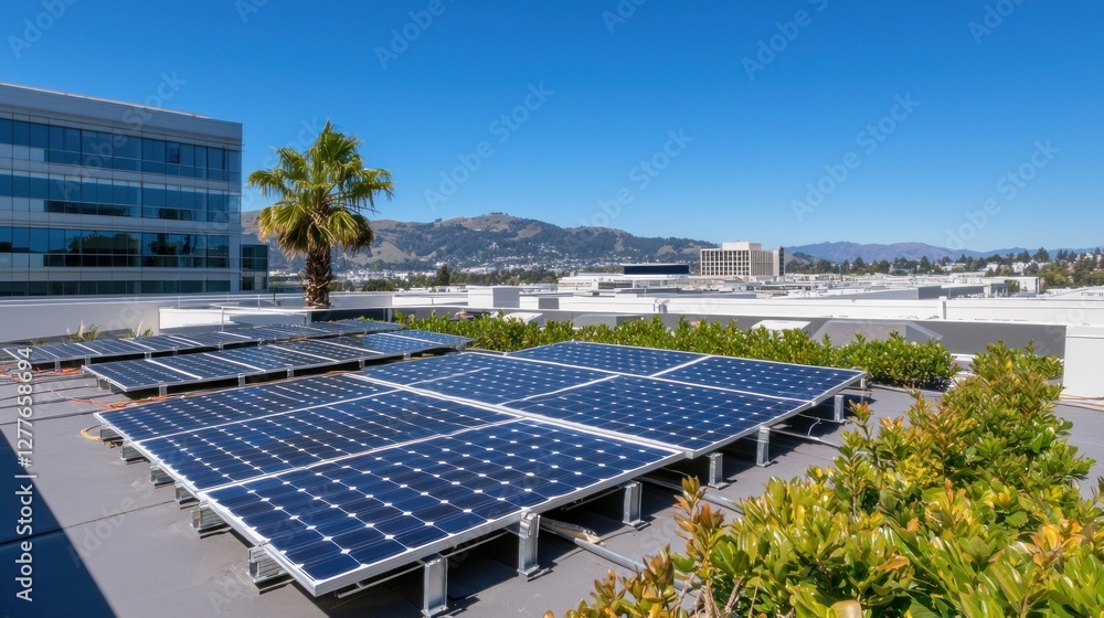 Poster rooftop solar panel array with palm tree and mountain view on a sunny day for sustainable energy