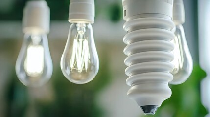 Close up of vintage light bulbs and modern spiral bulb illuminating a room with soft green background creating a warm and inviting atmosphere