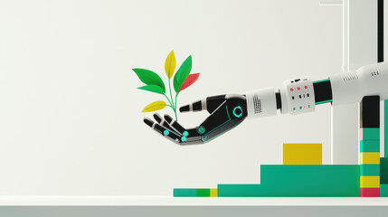 futuristic robotic hand gently holds vibrant small plant, symbolizing harmony between technology and nature