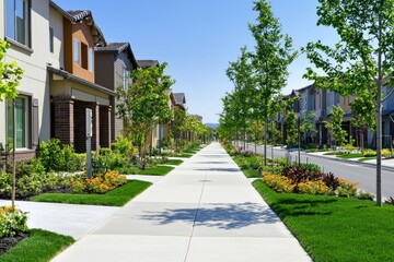 Obraz premium Serene suburban street with modern homes lush greenery and vibrant flowerbeds under a clear blue sky offering a tranquil residential scene