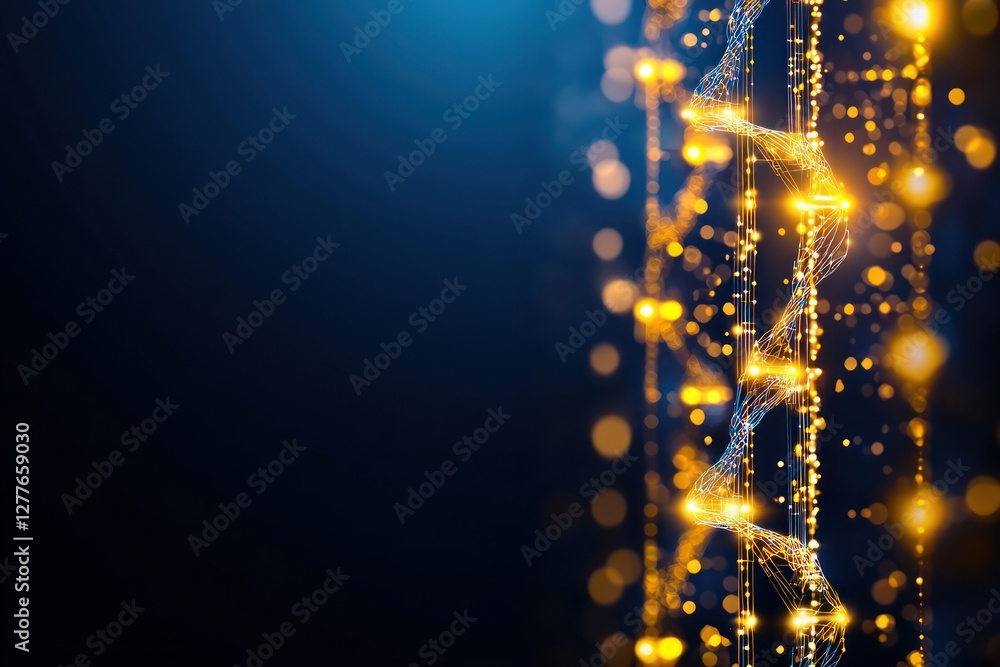 Poster luminous dna strand on a dark blue backdrop creating a futuristic and technological mood with a dyna
