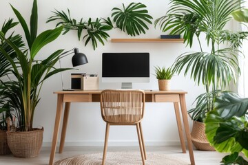 Bright and Airy Home Office with Natural Light and Green Plants Creating a Serene Workspace for Productivity and Focus on Computer Screen