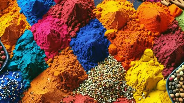 Vibrant spice market mounds, India, colorful background, food recipe