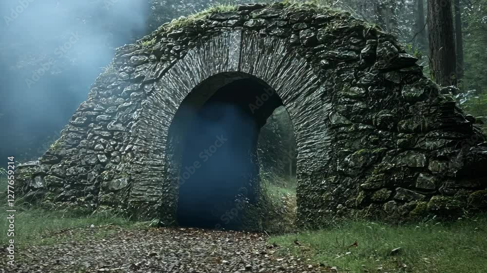 Poster mysterious stone archway surrounded by fog in a serene forest setting