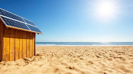 Fototapeta premium Solar Powered Beach Hut on Sandy Shoreline Under Bright Sunlight and Clear Blue Sky for Sustainable Energy