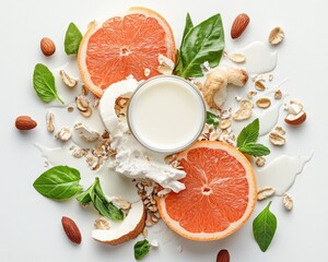 Discover the vibrant world of dairy-free alternatives with this captivating splash effect shot of different plant-based milks colliding, creatively showcasing the diversity of dairy alternatives