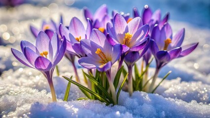 Delicate purple crocuses emerge from a blanket of glistening snow, bathed in the warm glow of sunlight, a vibrant symbol of spring's arrival and nature's resilience