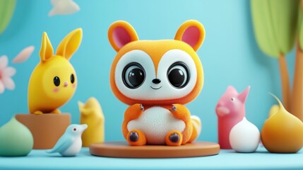 Fototapeta premium Cute cartoon animals, orange raccoon, yellow rabbit, and pink cat figurines on a light blue background.