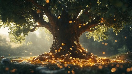 A large tree with golden rectangle objects on its branches and ground in a forest