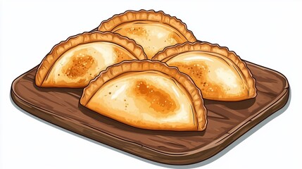 Four golden empanadas displayed on a wooden serving board against a white background