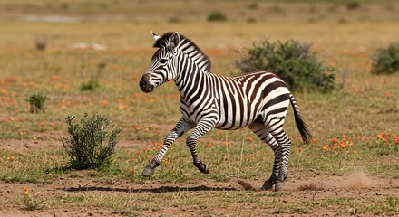 Naklejka premium Zebra Foal Running Freely Through Grassy Field with Wildflowers