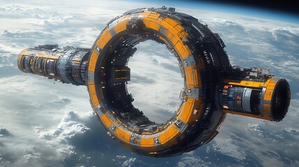 Futuristic space station orbiting Earth, showcasing advanced technology and serene cosmic backdrop