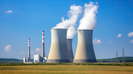 A nuclear power plant with cooling towers emits steam under a clear blue sky, surrounded by fields and distant hills, showcasing energy production and industrial infrastructure.