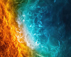 Naklejka premium A vibrant abstract image showcasing a dynamic interplay between orange and blue water textures, creating an energetic visual contrast.