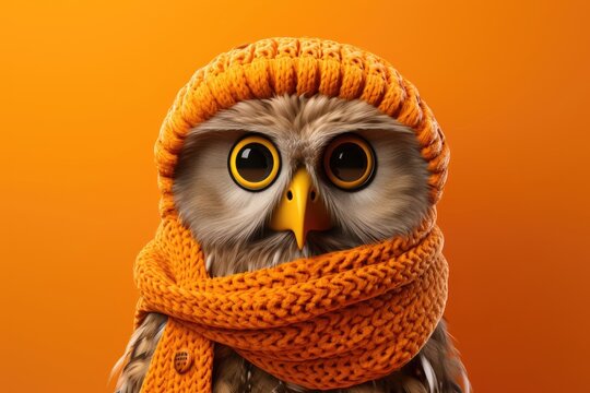 Cute owl wearing orange knitted beanie and scarf on bright orange background. Funny winter animal portrait. Cozy autumn fashion concept with copy space for text