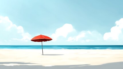 Red Beach Umbrella Under A Summer Sky
