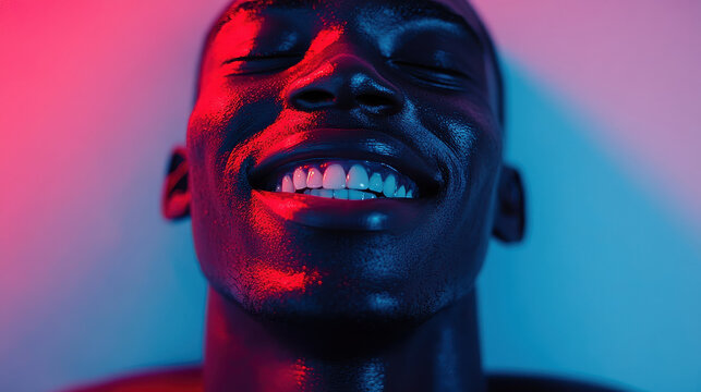 A close-up of a man's lower face, his broad smile glowing under soft neon light, with light reflections creating an artistic contrast - Powered by Adobe