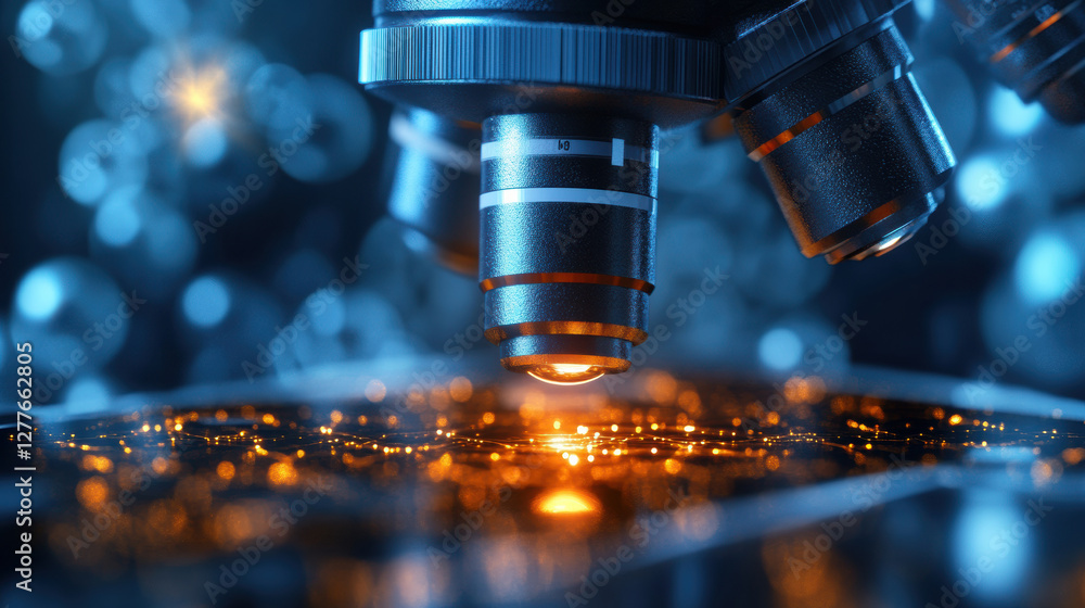 Poster microscope focusing on illuminated sample with glowing particles, showcasing scientific exploration 