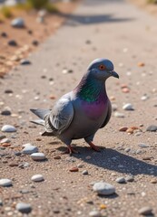 A pigeon walks alone on a narrow gravel road with small pebbles scattered around it, earthy tones, feathered friend, tiny pebbles