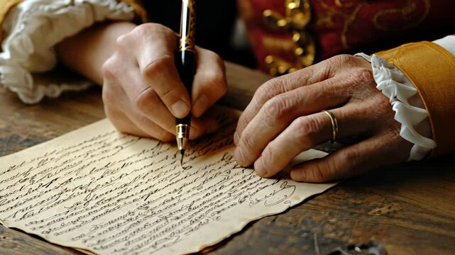 Writing a letter with a fountain pen in a historical setting with vintage attire and elegant handwriting