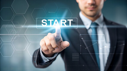 Obraz premium entrepreneurship tips strategy scalability execution A businessman is pressing a digital 
