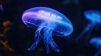 Blue jellyfish glowing in the deep sea, illuminating the darkness.