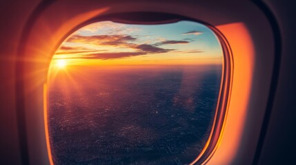 Fototapeta premium Beautiful scenic city view of sunset through the aircraft window