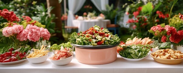 Naklejka premium Explore a delicious and vibrant large catering buffet, showcasing an array of fresh vegetarian salads and exquisite dishes, meticulously arranged for a memorable party Perfect for weddings, corporate