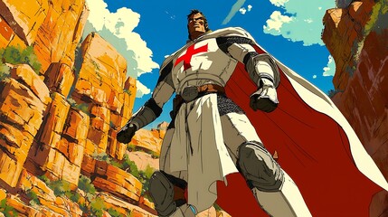 Fototapeta premium Powerful Crusader Knight in Majestic Canyon Landscape.