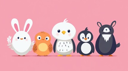 Cute cartoon animals, rabbit, bird, penguin, and owl, standing in a row on a pink background.