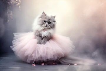 Fluffy persian cat wearing pink tulle tutu dress in dreamy artistic portrait with blurred background. Pet fashion, ballet theme concept. Studio animal photography with copy space