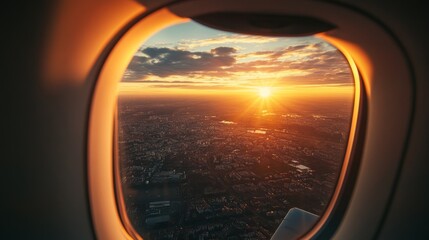 Fototapeta premium Beautiful scenic city view of sunset through the aircraft window