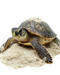 Obraz premium A calm sea turtle rests on a sandy beach. Its intricate shell displays beautiful patterns. The turtle embodies tranquility and grace in a serene environment. Generative AI.