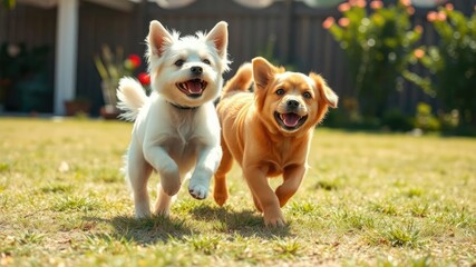 A small white dog and a small brown dog frolic together in a sunny backyard, dogs, outdoor