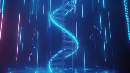 A captivating digital representation of a DNA helix illuminated by vibrant blue and pink lights, showcasing the beauty of genetic science and technology.