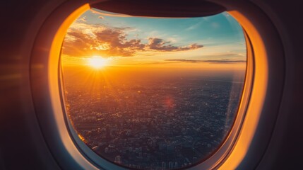 Beautiful scenic city view of sunset through the aircraft window