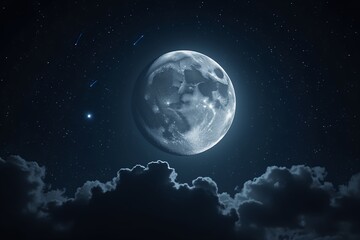 Majestic Gibbous Moon Night Sky with Shooting Stars and Cloudscape