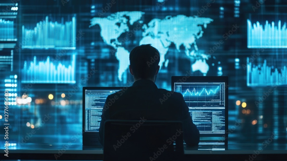 Poster global data analyst at work, nighttime view of a data specialist analyzing worldwide information on 