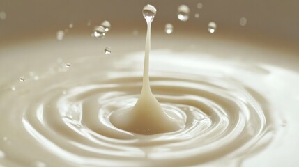 A close-up of milk rippling with a droplet suspended above, capturing the essence of freshness and purity in a serene, creamy texture.
