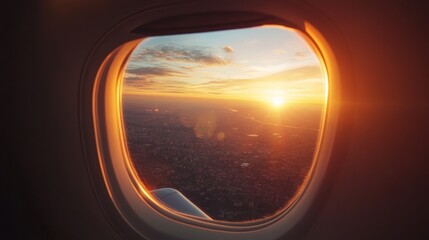 Beautiful scenic city view of sunset through the aircraft window