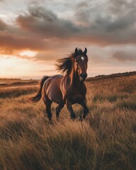 Obraz premium A majestic horse gallops through golden fields under a vibrant sunset. The beauty of nature is captured perfectly. Feel the freedom and strength in this scene. Generative AI