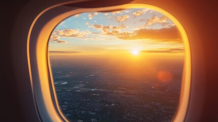 Beautiful scenic city view of sunset through the aircraft window