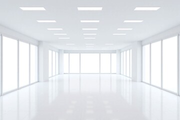 Obraz premium Empty room has large windows high ceiling recessed lighting white tiles
