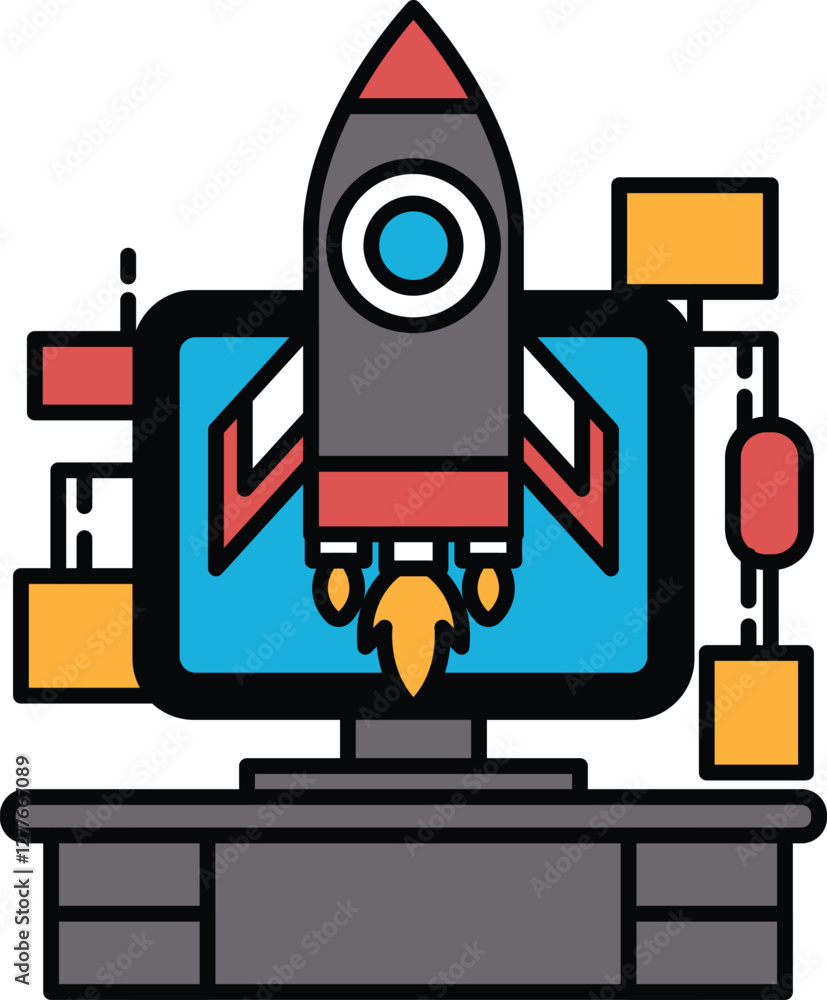 Poster computer monitor with a rocket on it