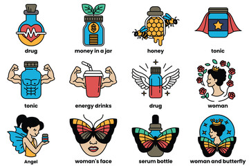 Set of illustrations in the concept of beauty products in line drawing style