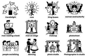 Set of illustrations in the concept of beauty products in line drawing style