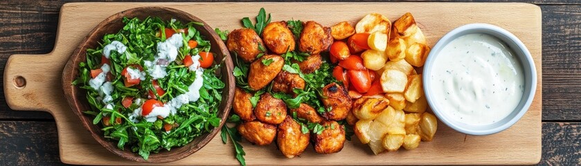 Indulge in a lovingly prepared home-cooked meal arranged beautifully on a wooden serving board, showcasing the art of healthy eating This culinary delight features fresh salad with cherry tomatoes