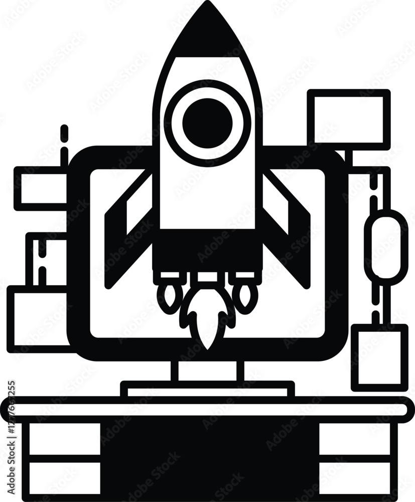 Poster computer monitor with a rocket on it