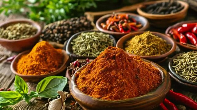 Aromatic Spices & Herbs on Rustic Wooden Table